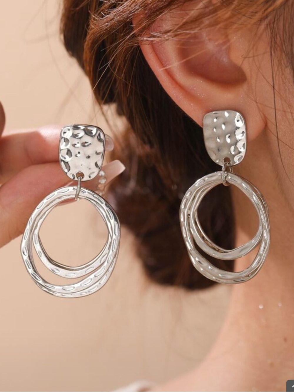 Silver-Tone Hammered Double Hoop Drop Earrings